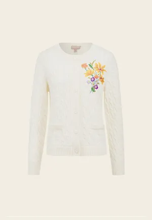 White Wool Floral Embroidered Cardigan