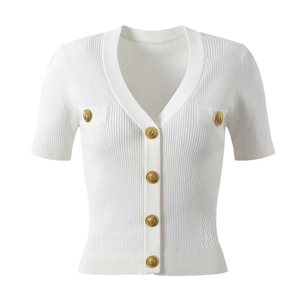 Women Knit Cardigan V-Neckline Cropped Knitted Slim Coat Short Sleeve