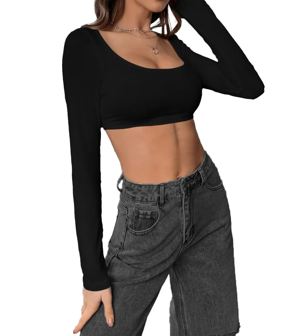 Women's Cotton Stylish Western Basic Solid Wear TV Oval Neck with Full/Long Sleeve Crop Top for Women L283 4174 (S, BLK)