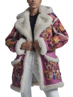 Women's Pink Floral Printed Shearling Coat