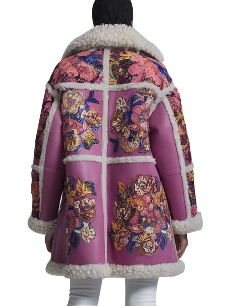 Women's Pink Floral Printed Shearling Coat