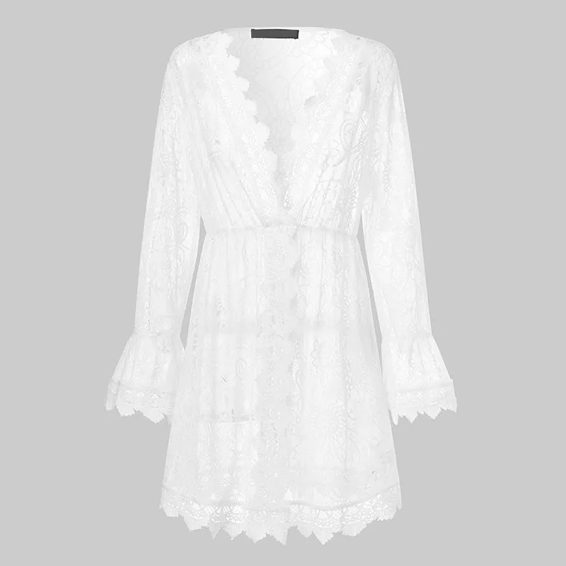 Womens Sexy V-neck Knitted Lace Boho Beach Coverups Dress