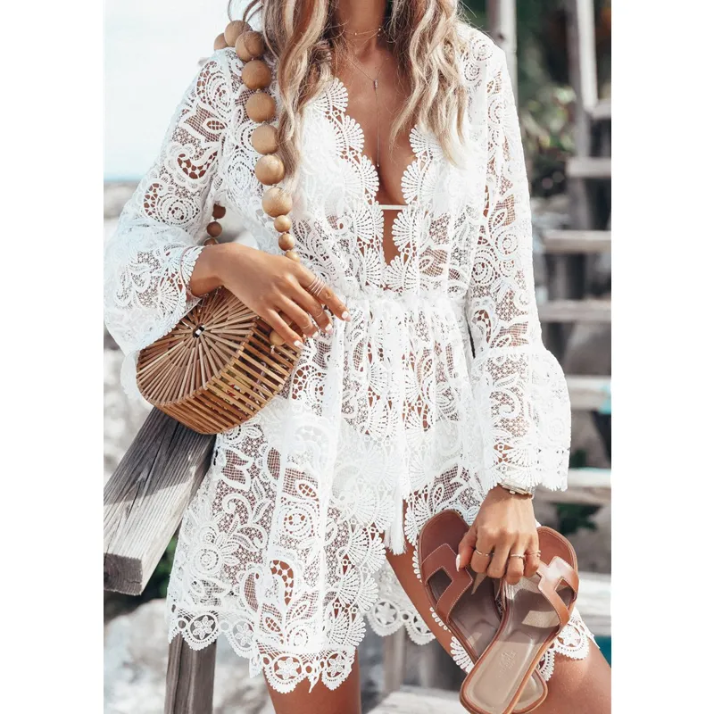 Womens Sexy V-neck Knitted Lace Boho Beach Coverups Dress