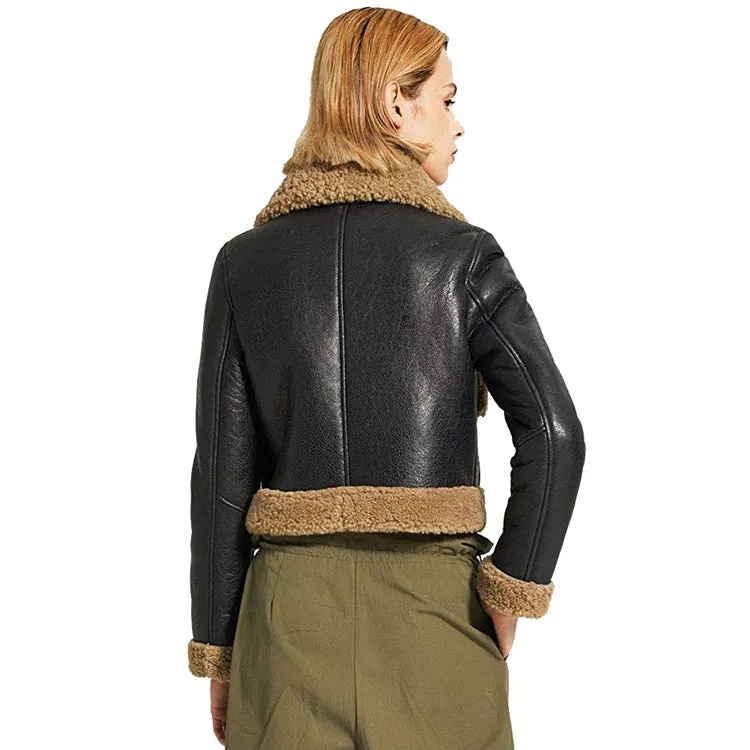 Womens Sheepskin B-3 Bomber Jacket Black Color