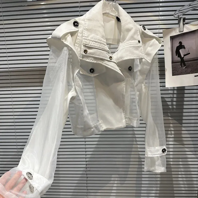 Women's Stylish White Sheer Mesh Cropped Jacket