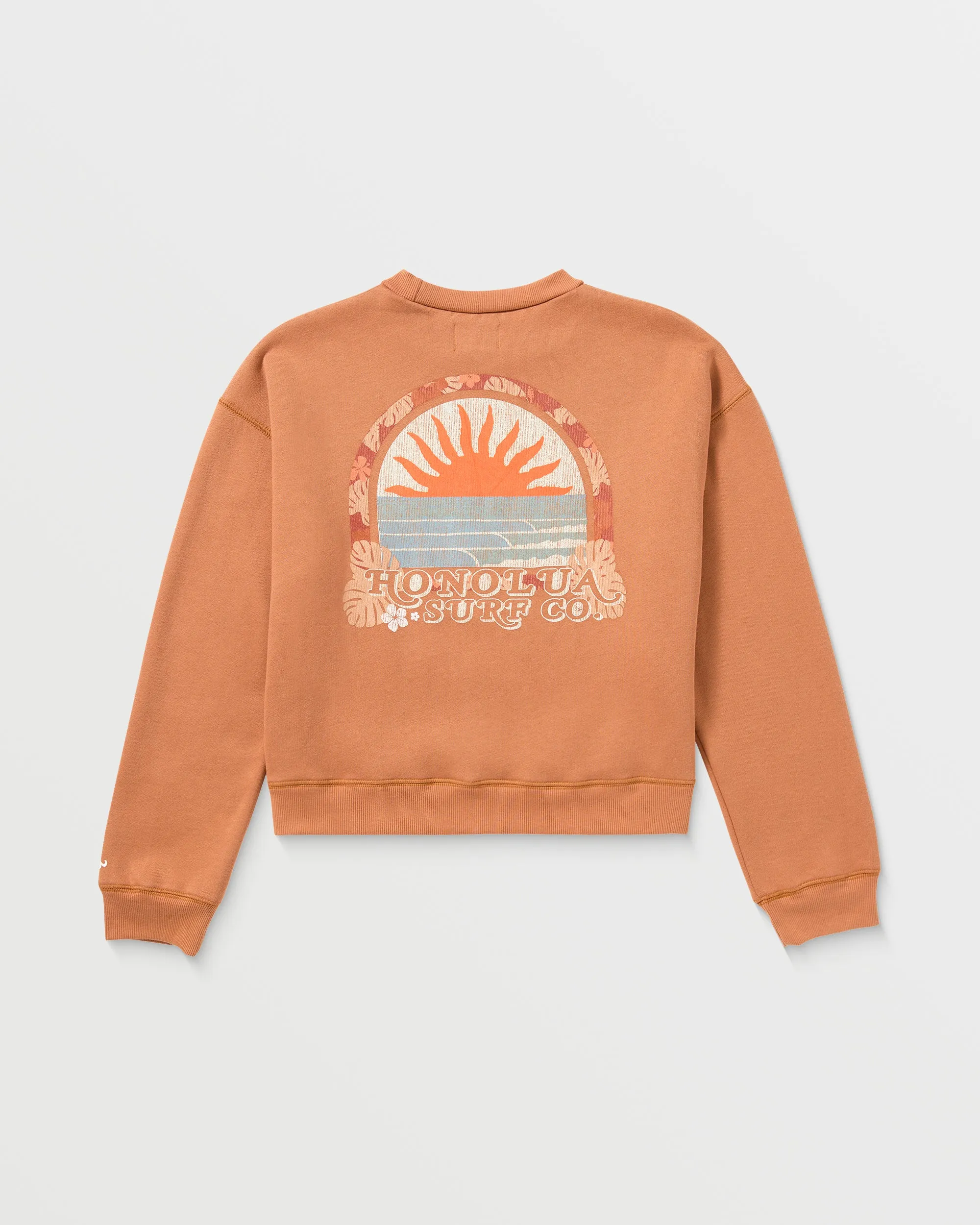 Womens Surfing Sunsets Crewneck Pullover - Red Dirt