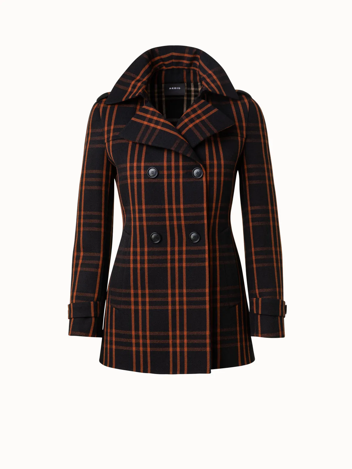 Wool Double-Weave Peacoat with Window Pane Check