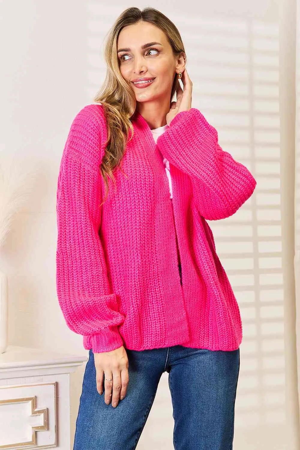 Woven Rib-Knit Drop Shoulder Cardigan