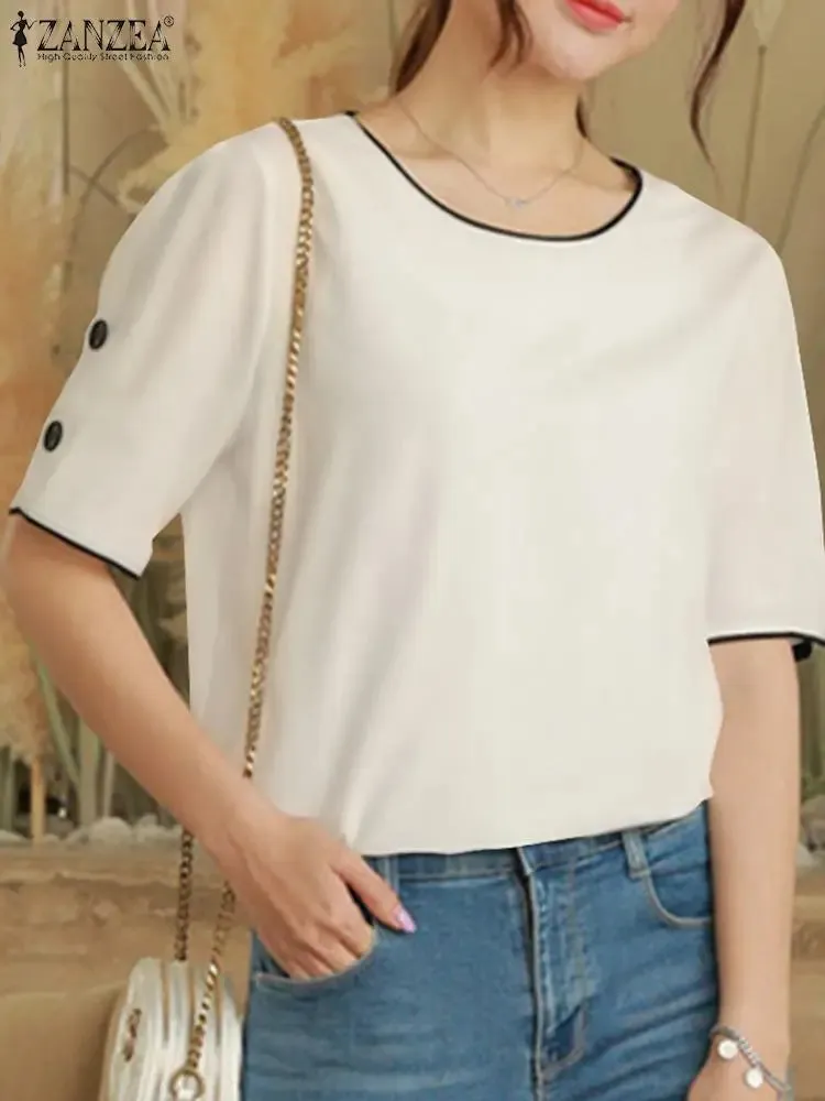 ZANZEA Elegant Women Buttons Blouse Korean Office O-neck Basic Tops 2024 Summer Casual Solid Blusas Fashion Short Sleeve Shirt