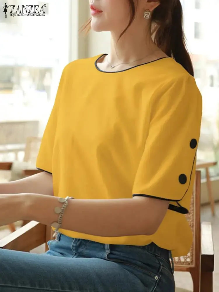 ZANZEA Elegant Women Buttons Blouse Korean Office O-neck Basic Tops 2024 Summer Casual Solid Blusas Fashion Short Sleeve Shirt